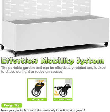 15.7"×70.9"×47.2" Metal Raised Garden Bed with Trellis and Wheels - Tall Trellis Planter Box for Climbing Plants, Vegetables & Vines - Outdoor Privacy Planters for Patio (White-Brick)