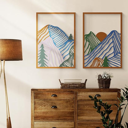 Glamativity 4 Pcs Colorful And Black Double-Sided Abstract Mountain Metal Wall Art , Mountain Line Art Décor, 3D Textured Minimalist Wall Decor, Rustic Nature Wall Décor for Living Room Bedroom Study (Mountain, M Size 17 x 12'')