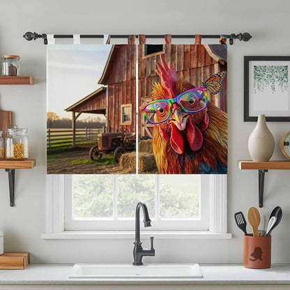 Farm Rooster Kitchen Curtains 45 Inch Length, Short Cafe Window Curtains Tab Top, Farmhouse Barn Funny Animals Butterfly Light Filtering Window Treatments Tier Drapes 27.5"x45" 2 Panel