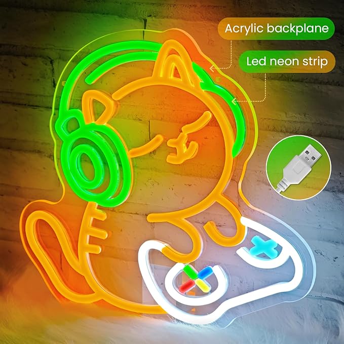 Cat Gamer Neon Sign,Cat with Headphones Led Sign,Neon Signs for Wall Decor,LED Gaming Neon Light for Boys Room,Game Room,Bedroom Decor,Anime Neon Wall Light for Mancave