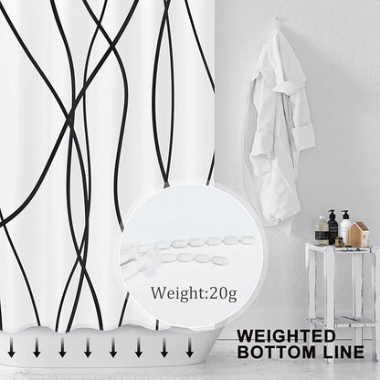 Punkray Black and White Striped Wavy Line Polyester Shower Curtain for Bathroom, Extra Long 84 Inches, Weighted Hem, Waterproof Bath Accessories - Machine Washable