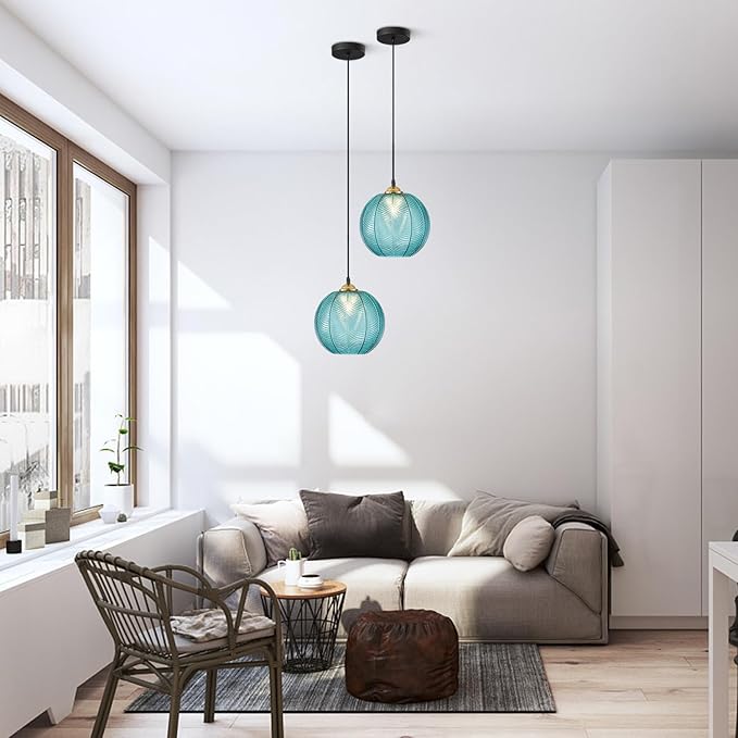 KCO Lighting Mid Century Modern Blue Glass Pendant Light Large Globe Kitchen Island Dining Pendant Lights Black Round Ceiling Hanging Lighting Fixture Adjustable Cord Farmhouse Foyer Chandelier