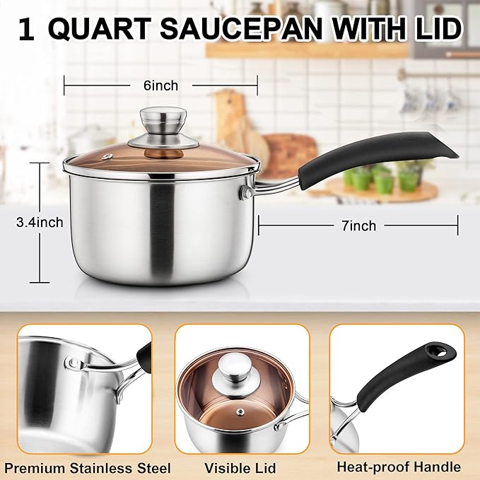 LIANYU 1QT Saucepan with Lid, 1 Quart Stainless Steel Saucepan, Small Pot Milk Soup Pan for Home Kitchen Restaurant, Long Heatproof Handle, Dishwasher Safe