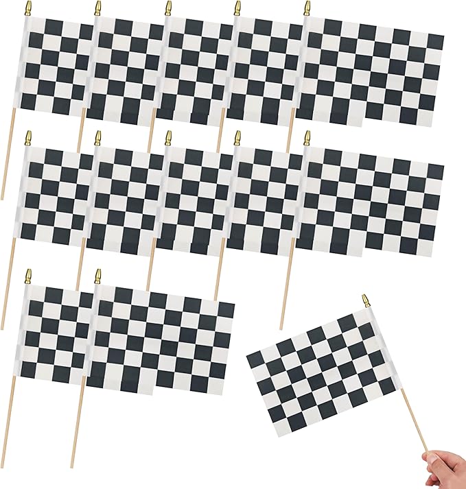 12Pcs Small Checkered Black and White Racing Flags on Wooden Stick Mini Race Car Flag Hand Held Flag Decorations,5x8 Inch