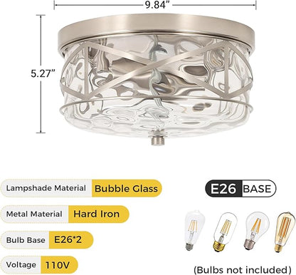LamQee 9.8" Small Flush Mount Ceiling Light With Clear Hammered Glass, Brushed Nickel Hallway Light Fixtures Ceiling Mount for Bathroom, 2-Lights Farmhouse Close To Ceiling Light Kitchen Foyer Bedroom