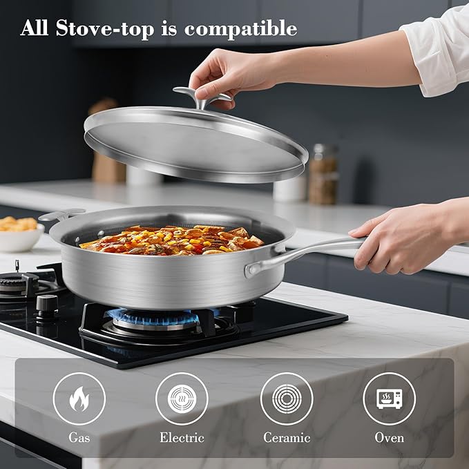 12 Inch Frying Pan with Lid Saute Pan 5.2 QT Deep skillet for Stir-Fry & Searing, Tri-ply Stainless Steel Nonstick Non Toxic Non Toxic, PTFE&PFOA Free, Induction, Oven & Dishwasher Safe