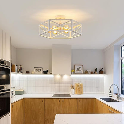 White Flush Mount Ceiling Light, 6 Light Flush Mount Light Fixture, Modern Close to Ceiling Light with Metal Hexagon Cage, Farmhouse Light Fixture for Hallway, Kitchen, Bedroom