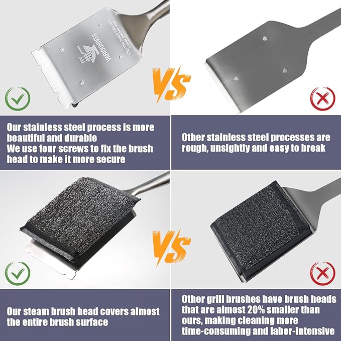 Bristle-Free Grill Brush with Steam Cleaning - Heat-Resistant Aramid Fiber Pad & 1 Replaceable Head 16 Inch Long Wood Handle- Safe for All Types Grills,Ideal Gift for Dads