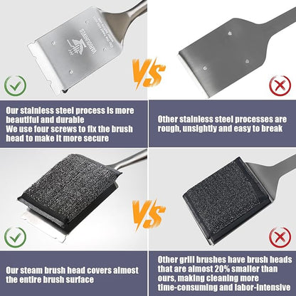 Bristle-Free Grill Brush with Steam Cleaning - Heat-Resistant Aramid Fiber Pad & 1 Replaceable Head 16 Inch Long Wood Handle- Safe for All Types Grills,Ideal Gift for Dads