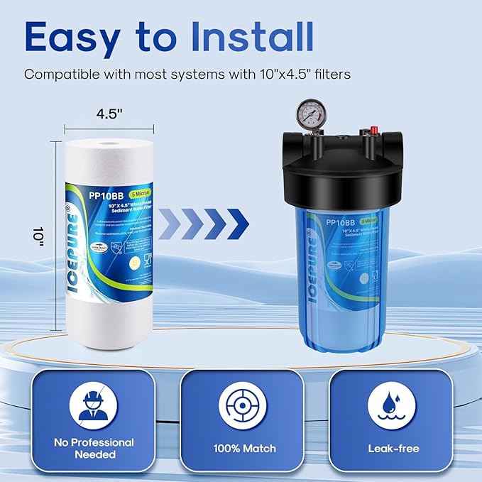 ICEPURE PP10BB 5 Microns 10" x 4.5" Whole House Sediment Water Filter Replacement Cartridge for Home, Compatible with RFC-BBSA, WFHD13001B, GXWH35F, GXWH30C, AP817, WHKF-GD25BB, 3 PACK