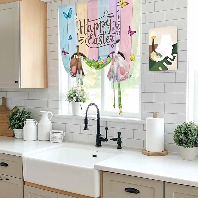 Tie Up Curtains,Happy Easter Rabbit Butt Egg on Daisy Leaf Adjustable Rod Pocket Window Shade Curtain Drape Bufferfly on Wood Barn Tie-Up Valance for Kitchen Bedroom Living Room Windows,34"x45"