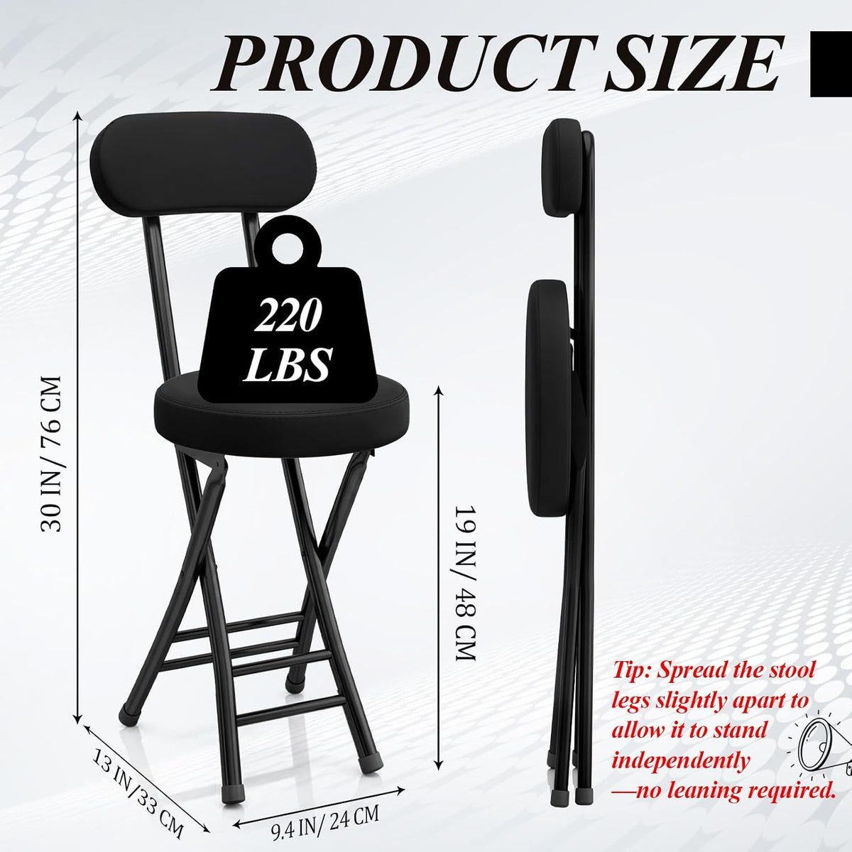 4 Pack Folding Bar Stool Cushioned Padded Folding Stool, 19 Inch Height Bar Stools with Backrest, Faux Leather Seat, Black Foldable Chair Support 220 LBS for Kitchen Room Hiking Camping Fish
