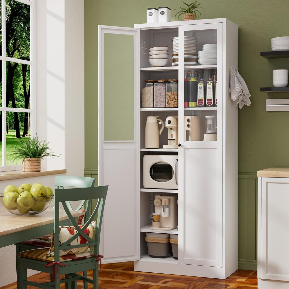 34.6" White Metal Pantry Cabinet with Adjustable Shelves, Freestanding Kitchen Storage Cabinet with Magnetic Doors, for Small Kitchen Dining Room Apartment, 27.6x13.8x34.6 Inches