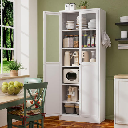 34.6" White Metal Pantry Cabinet with Adjustable Shelves, Freestanding Kitchen Storage Cabinet with Magnetic Doors, for Small Kitchen Dining Room Apartment, 27.6x13.8x34.6 Inches
