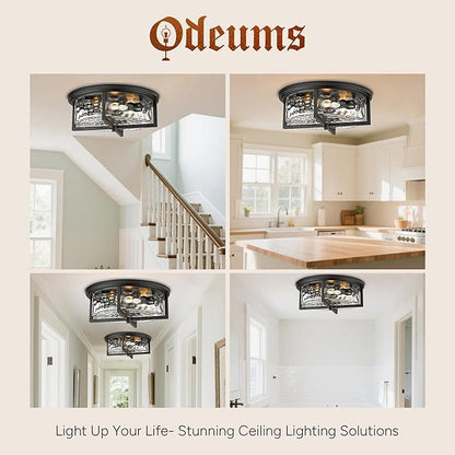 Large Industrial Flush Mount Ceiling Light, 3-Light Modern Close to Ceiling Lights, Hammered Kitchen Ceiling Light for Hallway, Kitchen, Bathroom, Dining Room (Black, 16" D)