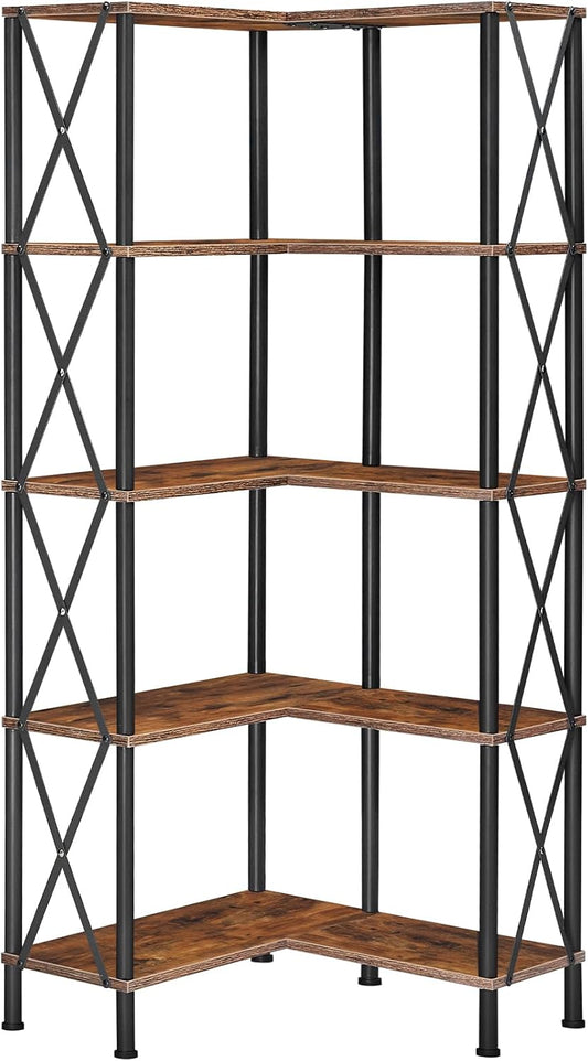 HOOBRO Corner Bookshelf, 5-Tier L-Shaped Bookcase, Industrial Open Display Shelf Tall Storage Organizer, Vertical Storage Rack, for Living Room, Home Office, Rustic Brown and Black BF60SJ01