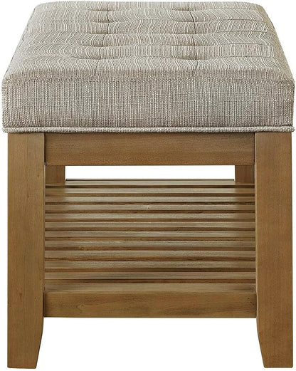 24KF Large Rectangular Upholstered Tufted Linen Fabric Ottoman Bench, Padded Bench with Solid Wood Shelf-Linen