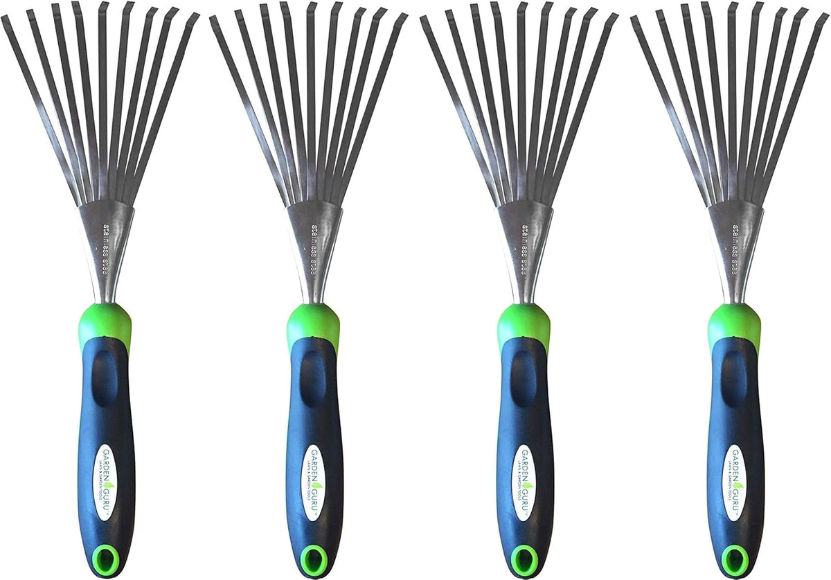Garden Guru Stainless Steel Hand Rake Soil Tiller with Ergonomic Handle, Great for Gardening, Cultivating, Loosening Soil & Spreading Mulch (4 Pack)