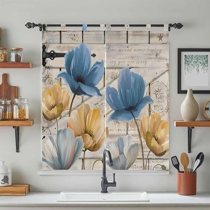Blue Yellow Tulips Bedroom Curtains 72 Inch Length, Window Curtains Tab Top, Retro Farmhouse Flower Barn Doors Wooden Light Filtering Window Treatments Drapes 52"x72" 2 Panel
