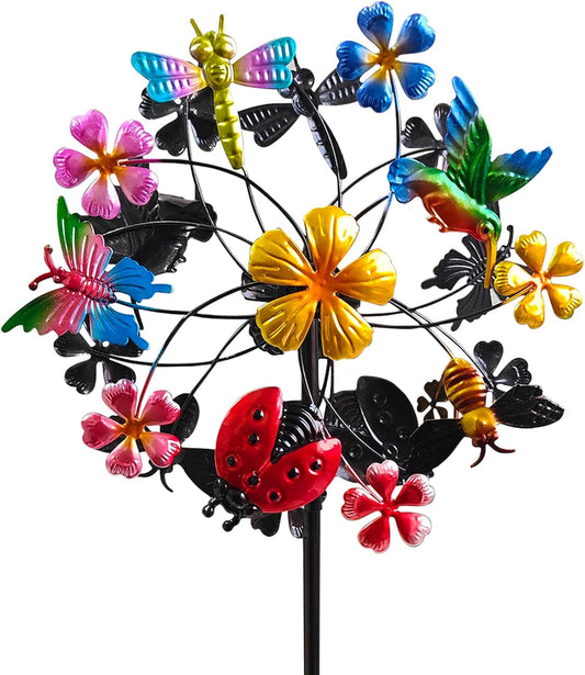 Flower Wind Spinners Outdoor, Metal Windmill with Hummingbirds, Butterflies and Bees, Pinwheels for Yard and Garden