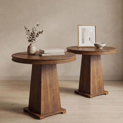 LITTLE TREE Solid Wood Round Dining Table, 31.5" Small Kitchen Table for 2, Modern Farmhouse Dinner Table for Dining Room, Kitchen, Living Room, Artistic Geometric Base, Table Only (Rustic Brown) 2PCS