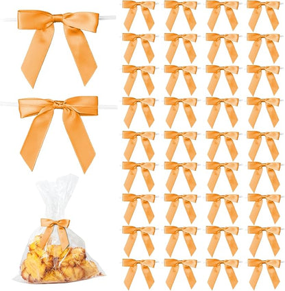 50Pcs Orange Twist Tie Bows for Gift Wrapping 2.5" Satin Ribbon Bow for Treat Bags Balloons Birthday Party Favors Wedding Decorations