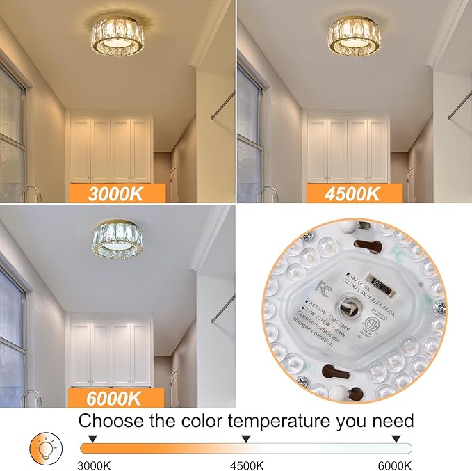 Modern Dimmable LED Luxury Crystal Gold Flush Mount Ceiling Light Fixture,7.87 Inch 15W,3CCT,Mini Round Close to Ceiling Chandelier for Hallway,Kitchen,Laundry Room,Entryway