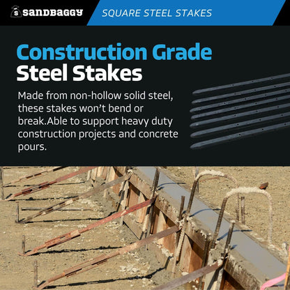 Sandbaggy 18" Square Steel Concrete Form Stakes with Nail Holes - 5/8" Wide - Rust Resistant - Removable/Reusable - Construction Grade Rebar Pins (Square Nail Stakes, 30, Count)