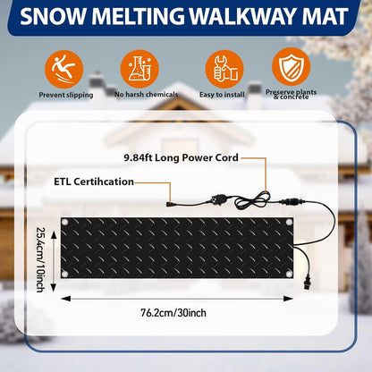 Riakrum 4 Pcs Heated Snow Melting Mats Outdoor, 10 x 30 in Winter Anti-Slip Heated Rubber Mat for Walkways Decks and Sidewalks, Snow and Ice Melting Pads Connection with 9.84 ft Power Cord