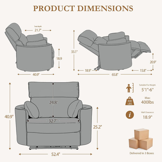 450lbs Oversized Recliner Chair, 52" Extra Wide Electric Recliner for Big and Tall Adults, Chenille Power Recliner with USB & Type-C Ports, Large Sofa Reclinable for Living Room, Black