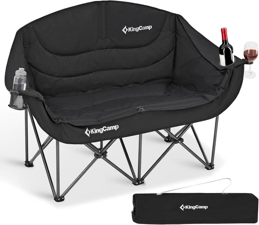 KingCamp Double Camping Chair, Heavy Duty 660lbs Folding 2 Person Chair | Portable Loveseat Couch Padded Comfortable Two Seat with Cup Holder&Carry Bag for Outdoor Lawn Backyard, Black