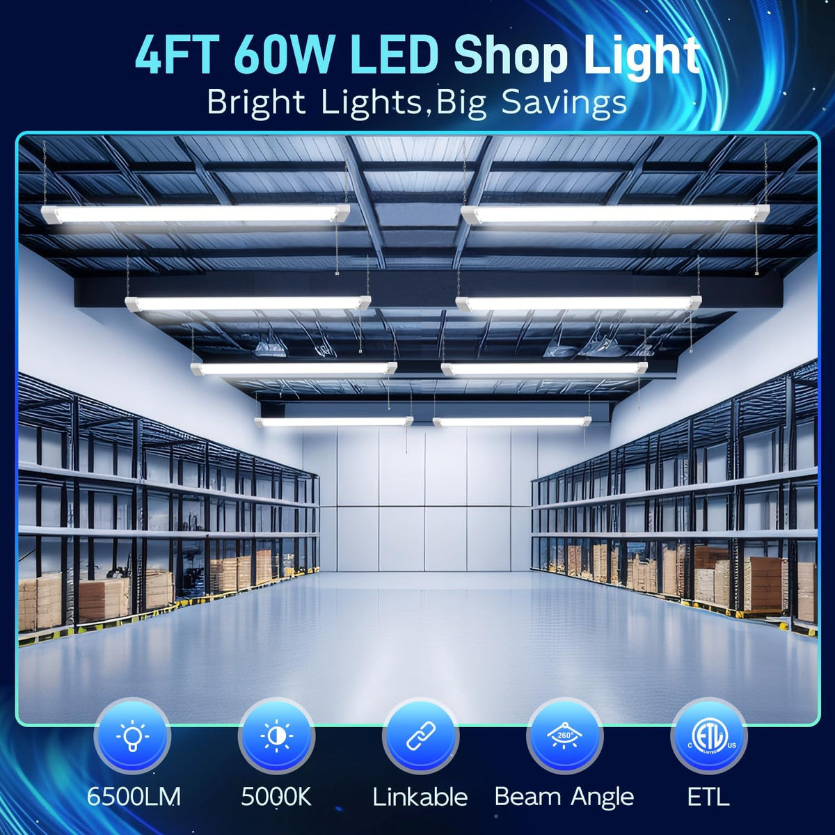 hykolity 1 Pack 4FT Linkable LED Shop Light for Garage, 6500lm, 4FT 60W Utility Light Fixture, 5000K Daylight LED Workbench Light with Plug, Hanging or Surface Mount, White - ETL