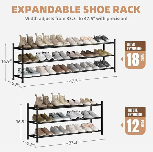 STORAGE MANIAC Long Expandable Shoe Rack, 18 Pairs Metal Wide Stackable Shoe Rack, Adjustable Shoes Shelf, Freestanding Shoes Organizer for Closet, Entryway, Hallway, Garage, Front Door, 3 Tiers