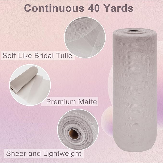 Silver Tulle Fabric Roll Spool Bolt (54 Inch by 40 Yards) Large Tulle Wedding Party Decoration, Tutu Skirt, Table Runner, Gift Wrapping, Bridal Shower, Soft & Drape (Silver)
