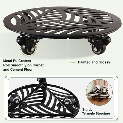 3 Packs Metal Plant Caddy with 3 Metal PU Wheels 12” Heavy-duty Wrought Iron Rolling Plant Stands with Casters Indoor and Outdoor Plant Pot Roller Base Plant Dolly Coaster Movers Black