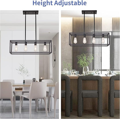 Farmhouse Rectangle Chandeliers for Dining Rooms, Modern Linear Hanging Light Fixture Matte Black 4-Light Industrial Pendant Lighting for Kitchen Island