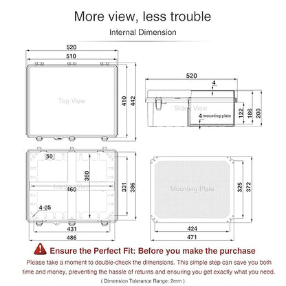 QILIPSU Waterproof Junction Box IP67 Outdoor Plastic Electrical Project Enclosure Weatherproof with Mounting Plate, Wall Brackets, Hinged Grey Cover 20"x16.1"x7.9"