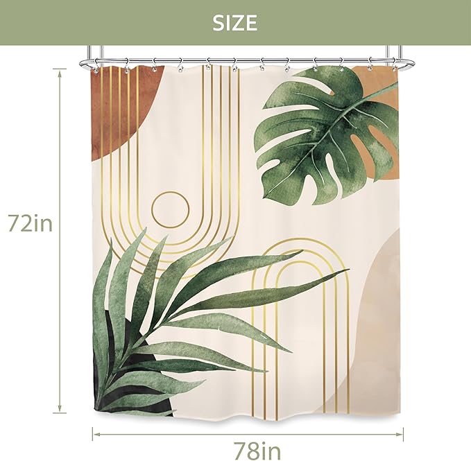 Glawry Mid Century Plant Shower Curtain Boho Botanical Tropical Abstract Minimalist Bohemian Leaves Bathroom Curtains Set Palm 72Wx78L Inches Bath Accessories Art Home Decor Fabric 12 Pack Hooks