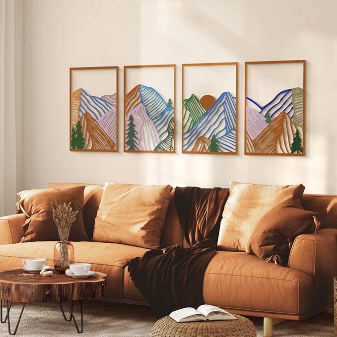 Glamativity 4 Pcs Colorful And Black Double-Sided Abstract Mountain Metal Wall Art , Mountain Line Art Décor, 3D Textured Minimalist Wall Decor, Rustic Nature Wall Décor for Living Room Bedroom Study (Mountain, M Size 17 x 12'')