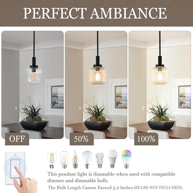 Glass Pendant Lights Kitchen Island, 1-Light 5.9" Black Modern Pendant Light with Clear Glass and Rods, Mini Hanging Lighting for Kitchen Sink Bathroom Bedroom, OS-YQ7749-1PBK