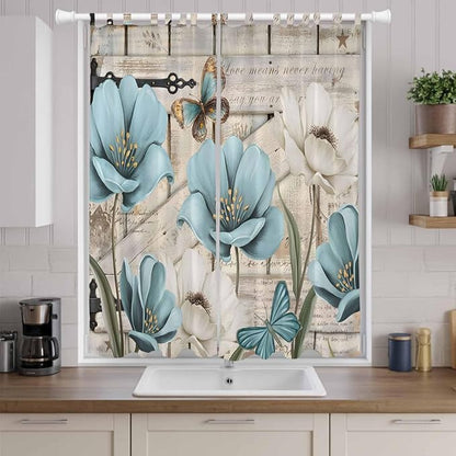 Teal Blue Tulips Living Room Curtains 84 Inch Length, Window Curtains Tab Top, Spring Floral Barn Doors Vintage Wood Beige Light Filtering Window Treatments Drapes 52"x84" 2 Panel