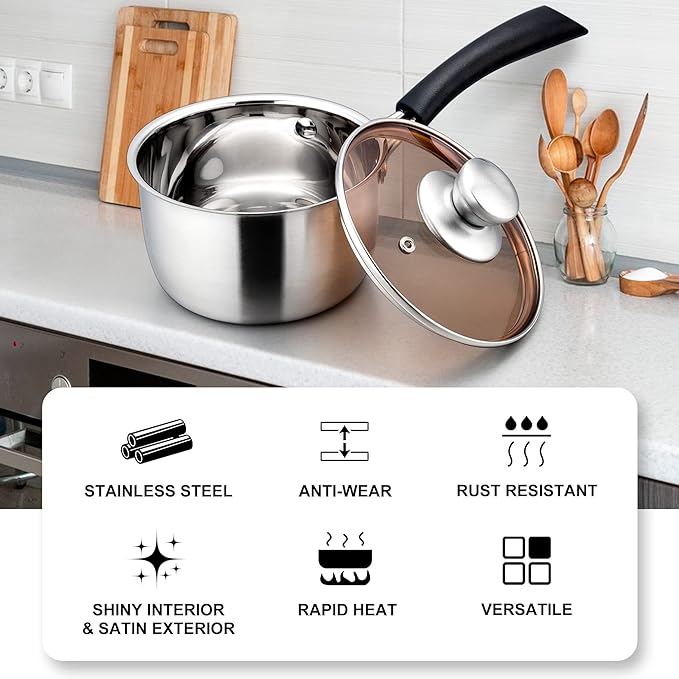 LIANYU Saucepan with Lid, 1 Quart and 2 Quart Stainless Steel Saucepan, Small Pot Milk Soup Pan for Home Kitchen Restaurant, Long Heatproof Handle, Dishwasher Safe