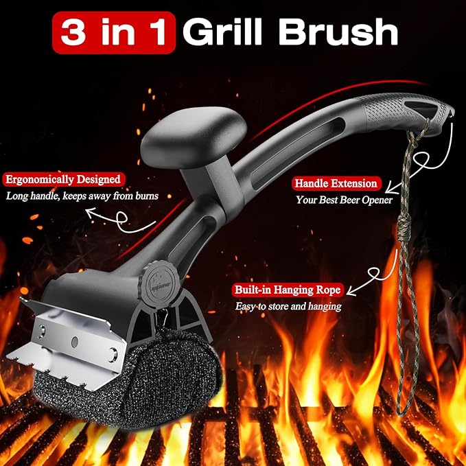 Grill Brush for Outdoor BBQ - Replaceable Bristle Free Heading + Reinforced Scraper - Safe BBQ Accessories for Porcelain/Gas/Charcoal/Smoker/Cast Iron Grill - Cleaning Brush(Black)