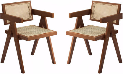 Mid Century Dining Chairs Set of 2, Rattan Accent Armchairs for Living Room, Kitchen, Patio, Brown Wooden Chairs