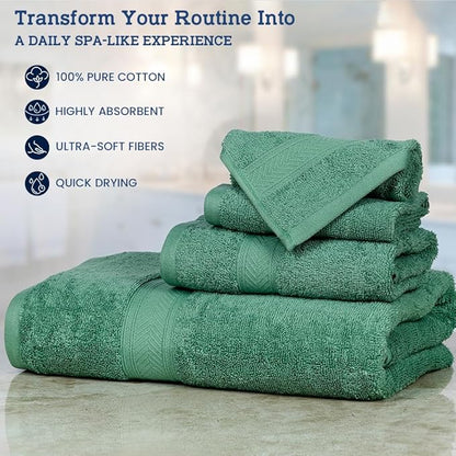 Casa Lino 100% Cotton Bath Towels Set of 4 (1 Bath Towel, 1 Hand Towel & 2 Wash Cloths) - Bathroom Towels and Washcloths Set - Complete Bathroom Set - Guest Room Essentials - (Green)