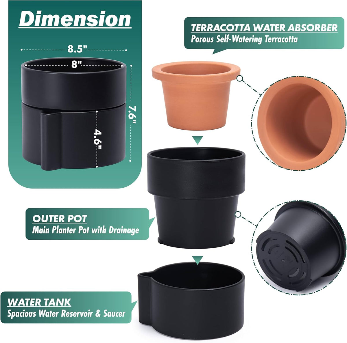 Phoenix Vine 8 Inch Self-Watering Planter Pot with Terracotta Insert, Deep Water Reservoir, and Ceramic-Alike BPA-Free Plastic Planter Pot for Plant, Modern Planter for Houseplants, Black, 53-A-T-2