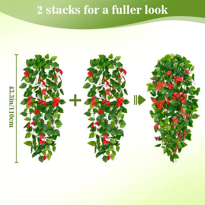 BLEUM CADE Artificial Hanging Flowers for Outdoors, 2pcs Fake Hanging Plants Pothos Vines with Red Flowers for Wall Home Living Room Indoor Outdoor Decor (No Baskets)