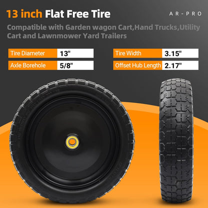 AR-PRO (2-Pack) 13" Flat Free Tire and Wheel - with 5/8" Axle Bore Hole, 2.17" Offset Hub - 13 lnch Solid Wheels Compatible with Garden wagon Cart,Hand Trucks,Utility Cart and Lawnmower Yard Trailers