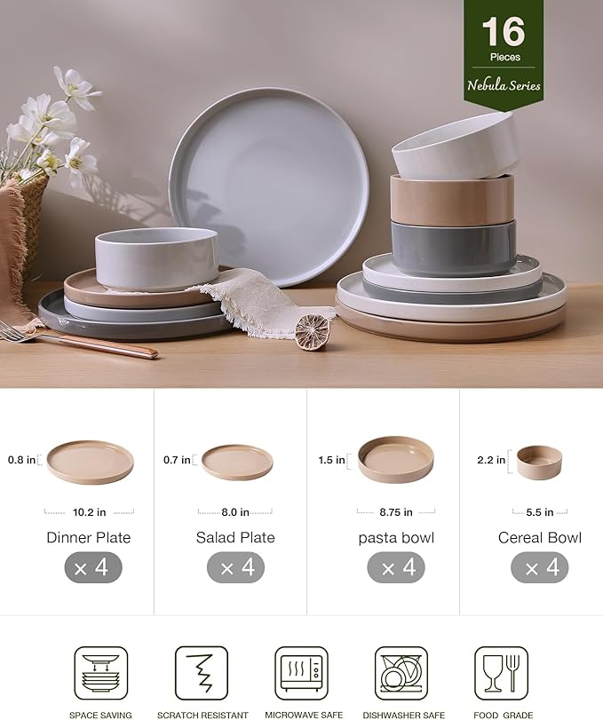 Famiware Nebula Dinnerware Set with Pasta Bowls, Service for 4 (16pcs), Fine Stoneware Plates and Bowls Sets, Microwave and Dishwasher Safe Dishes Set, Multi-color