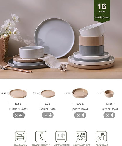 Famiware Nebula Dinnerware Set with Pasta Bowls, Service for 4 (16pcs), Fine Stoneware Plates and Bowls Sets, Microwave and Dishwasher Safe Dishes Set, Multi-color
